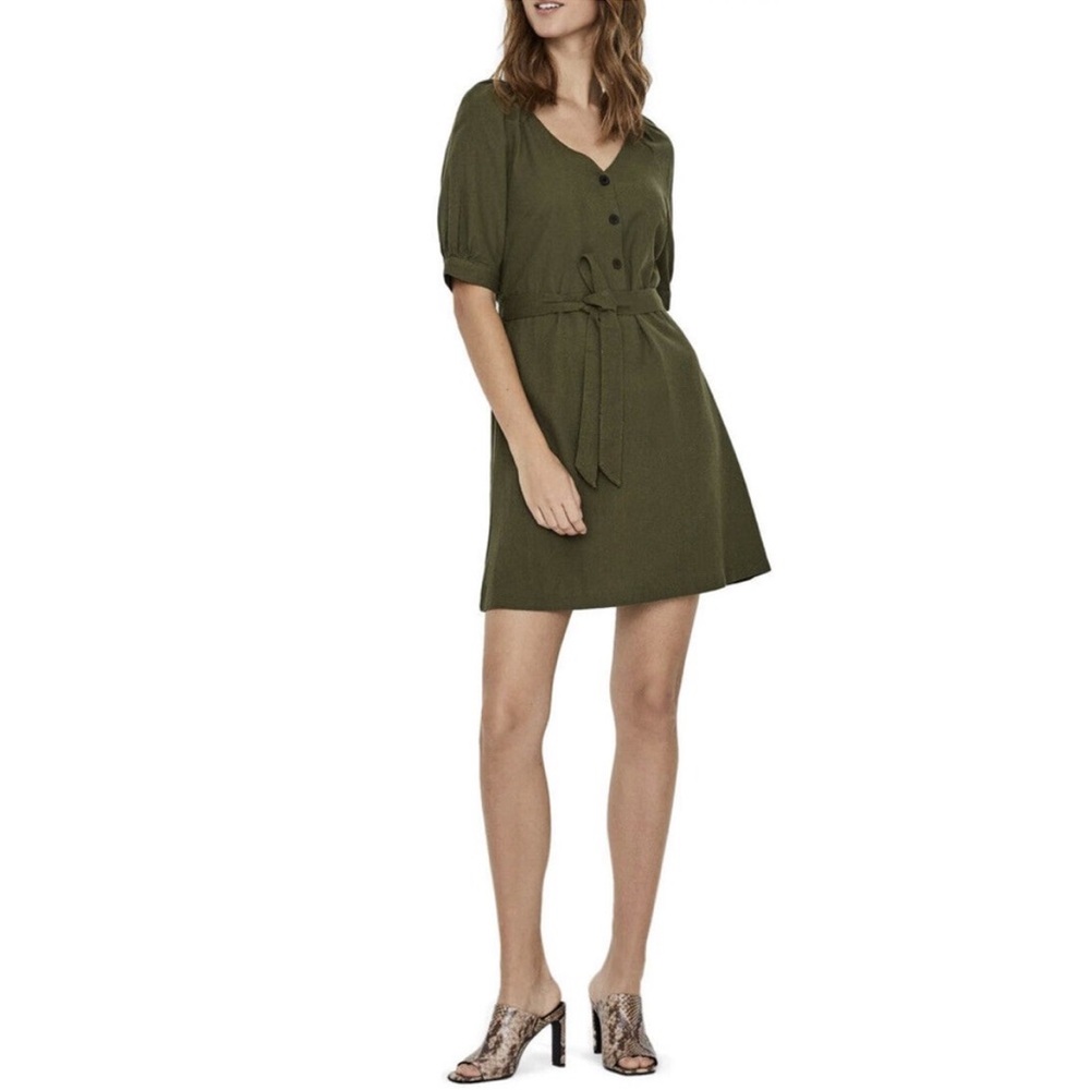 Vero Moda Day Puff Sleeve Mini Dress Size Large L Ivy Green Linen Blend